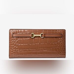 Brown Croc-Embossed Clutch with Gold Accent